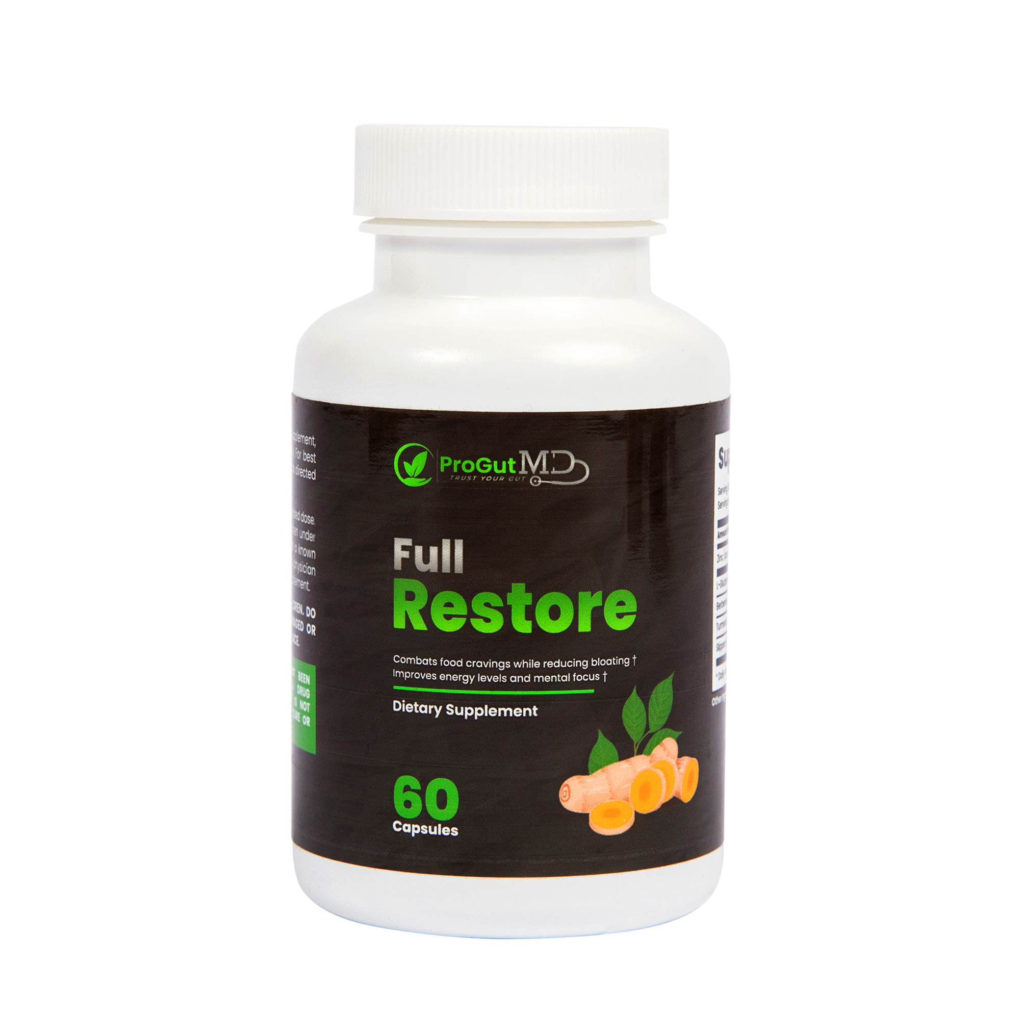 A bottle of Full Restore gut health supplement.
